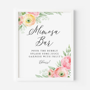 Watercolor Pink Ranunculus Flowers Mimosa Bar Poster