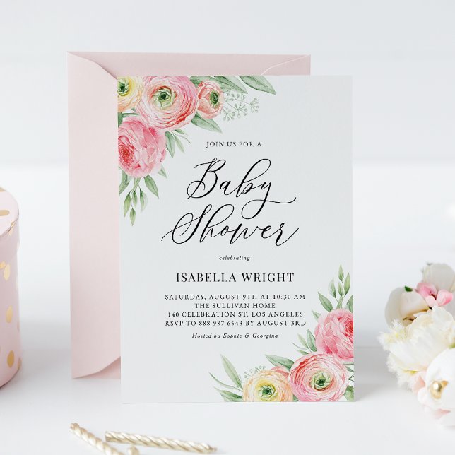 Watercolor Pink Ranunculus Spring Baby Shower Invitation (Creator Uploaded)