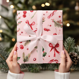 Watercolor Pink & Red Christmas Candy Cane  Wrapping Paper