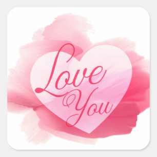 Watercolor Pink & Red Heart Love You Square Sticker