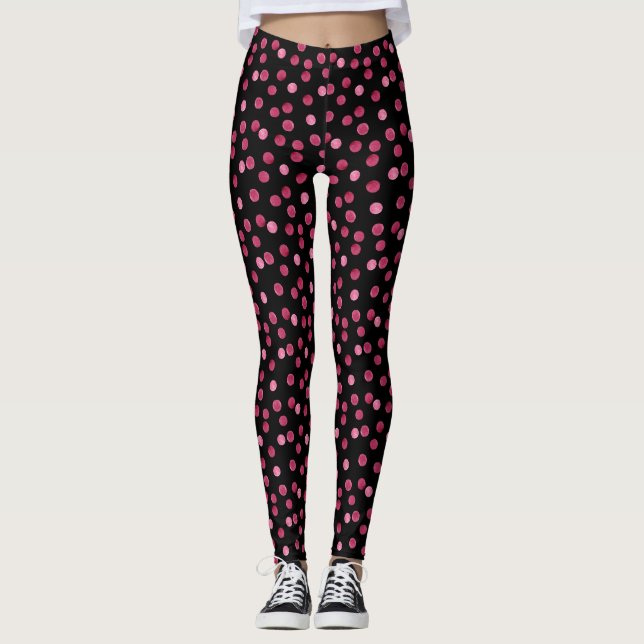 Watercolor pink red polka dots circles round black leggings (Front)