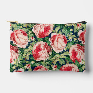 Watercolor Pink & Red Rose Flowers & Green Leaves Accessory Pouch