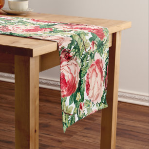 Watercolor Pink & Red Rose Flowers & Green Leaves Short Table Runner