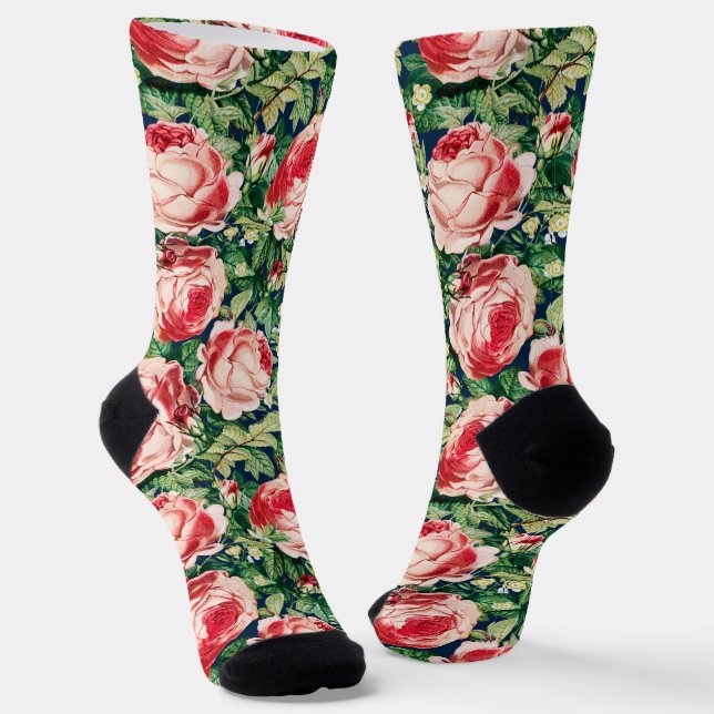 Watercolor Pink & Red Rose Flowers & Green Leaves Socks (Angled)