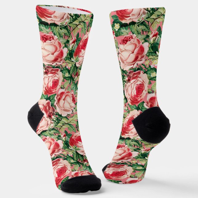 Watercolor Pink & Red Rose Flowers & Green Leaves Socks (Angled)