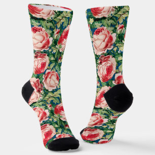 Watercolor Pink & Red Rose Flowers & Green Leaves Socks