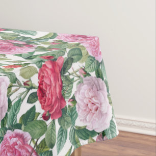 Watercolor Pink & Red Rose Flowers & Green Leaves Tablecloth
