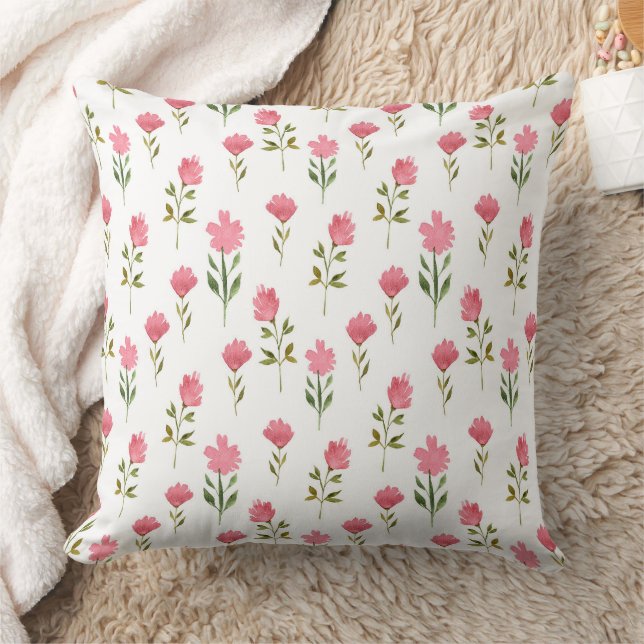 Watercolor Pink Red Spring Flowers Pattern Cushion (Blanket)