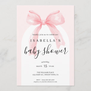 Watercolor Pink Ribbon Bow Baby Shower Invitation