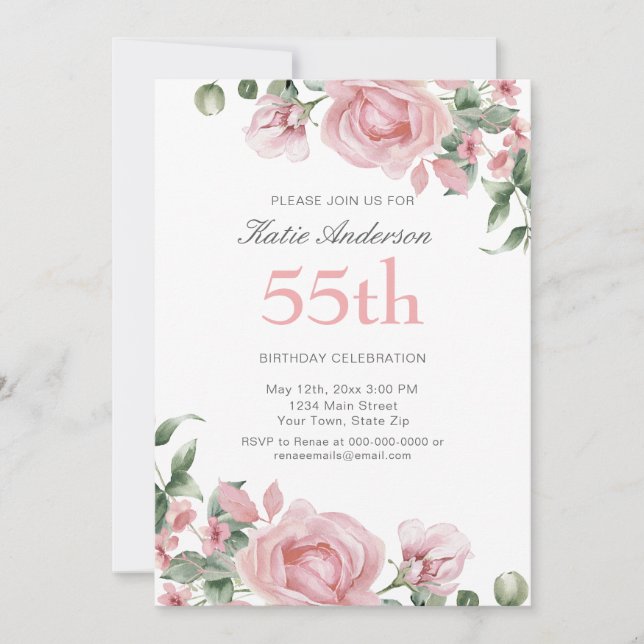 Watercolor PInk Rose 55th Birthday Party  Invitation (Front)