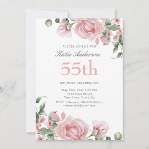 Watercolor PInk Rose 55th Birthday Party  Invitation