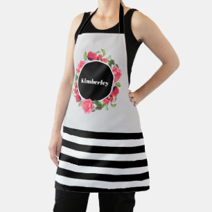 Watercolor Pink Rose and Red Poppies Wreath Circle Apron