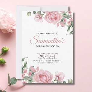 Watercolor PInk Rose Birthday Party  Invitation