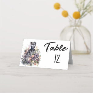 Watercolor pink rose black wedding dress  place card