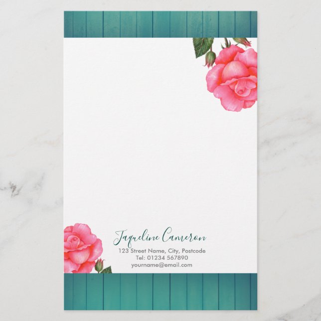 Watercolor Pink Rose Botanical Illustration Stationery (Front)
