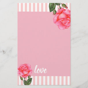Watercolor Pink Rose Floral Art Stripes Stationery