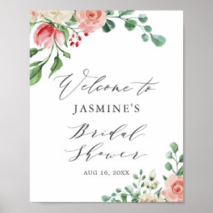 Watercolor Pink Rose Floral Bridal Shower Sign