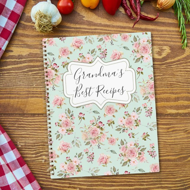Watercolor Pink Rose Flowers Floral Grandma Recipe Notebook (In situ)