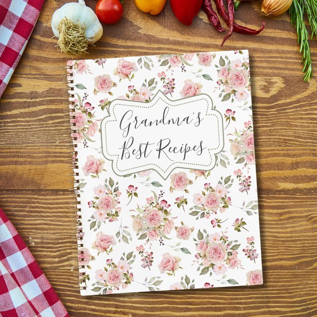 Watercolor Pink Rose Flowers Floral Grandma Recipe Notebook (In situ)