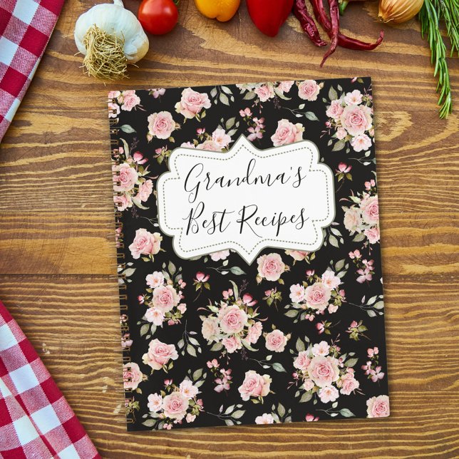 Watercolor Pink Rose Flowers Floral Grandma Recipe Notebook (In situ)
