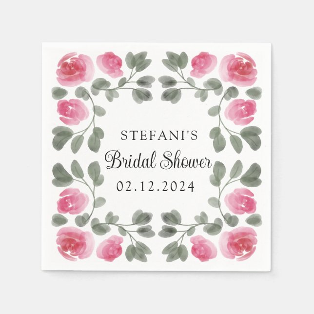Watercolor Pink Rose Flowers Personised Napkin (Front)