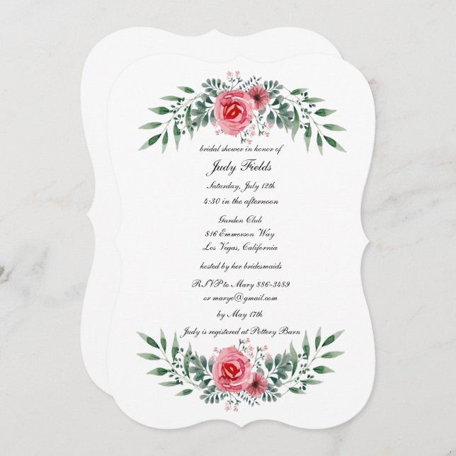 Watercolor Pink Rose Greenery Foliage Bridal Showe Invitation (Front/Back)