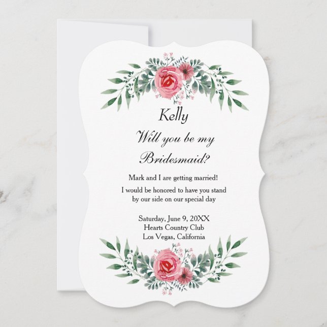 Watercolor Pink Rose Greenery Foliage Bridesmaid Invitation (Front)