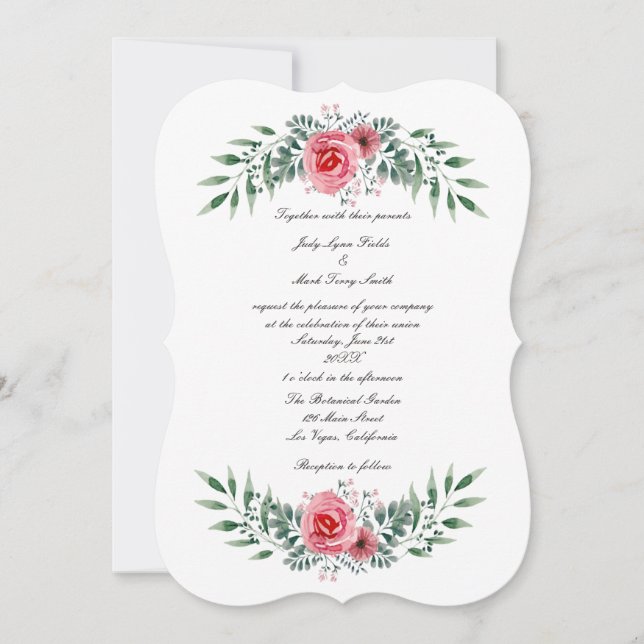 Watercolor Pink Rose Greenery Foliage Invitation (Front)
