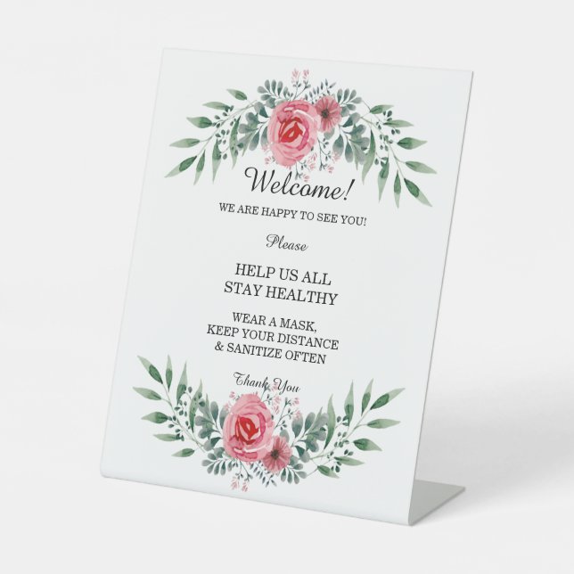 Watercolor Pink Rose Greenery Foliage Safety Pedestal Sign (Front)
