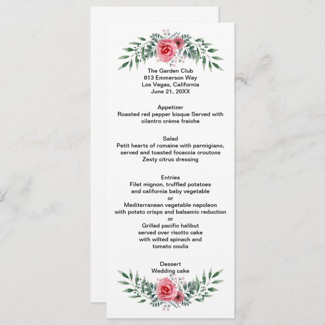 Watercolor Pink Rose Greenery Foliage Wedding Menu (Front/Back)