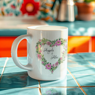 Watercolor Pink Rose Heart Border Bride and Groom Coffee Mug