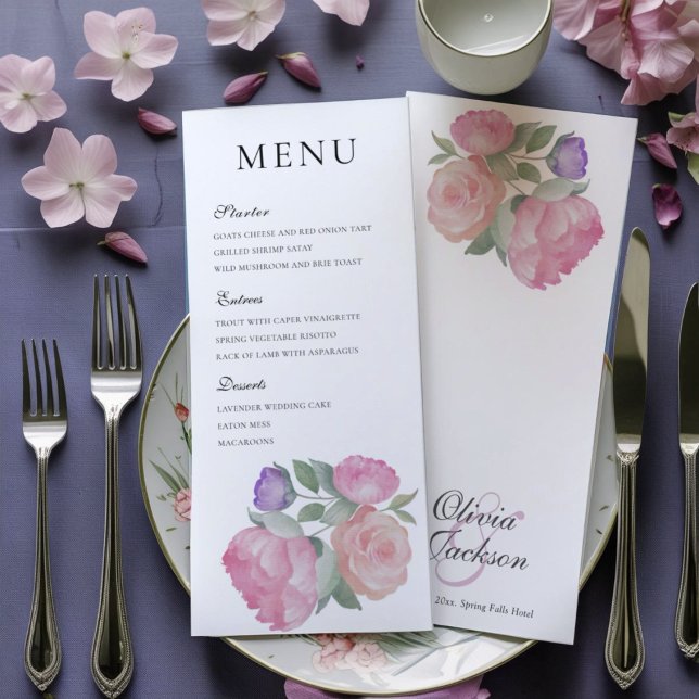  Watercolor Pink Rose & Peonie Wedding Menu (Creator Uploaded)