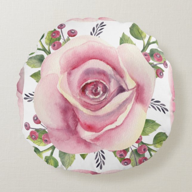 Watercolor Pink Rose Print Round Pillow (Front)
