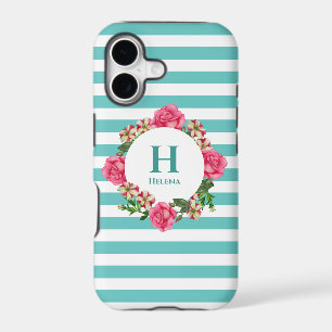 Watercolor Pink Rose Red White Petunias Monogram