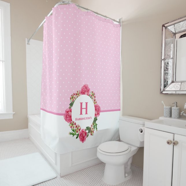 Watercolor Pink Rose Red White Petunias Monogram Shower Curtain (In Situ)