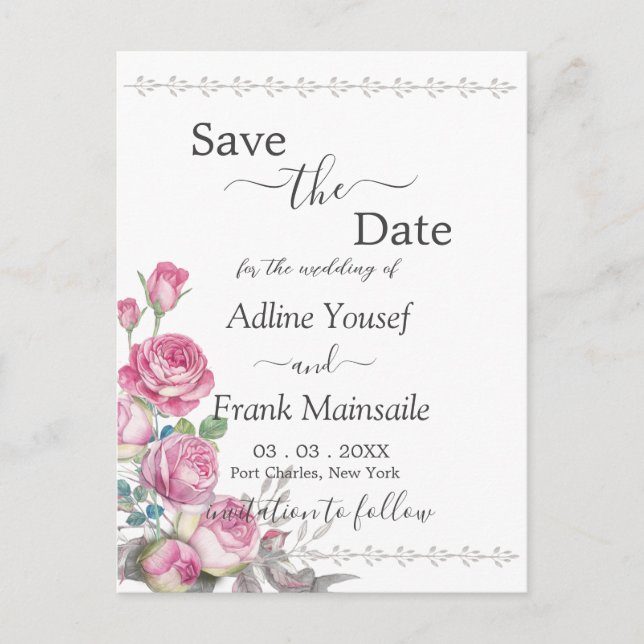 Watercolor Pink Rose Save the Date Postcard (Front)