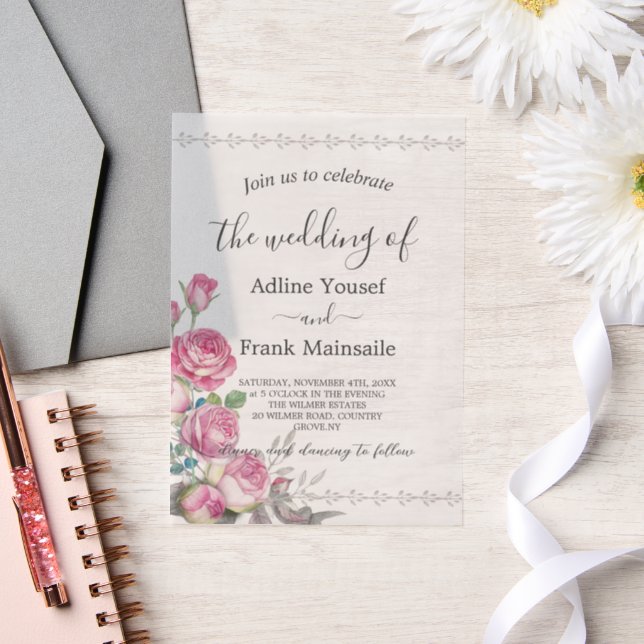Watercolor Pink Rose Vellum Overlay Vellum Invitations (Wedding)