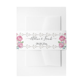 Watercolor Pink Rose Wedding Invitation Belly Band