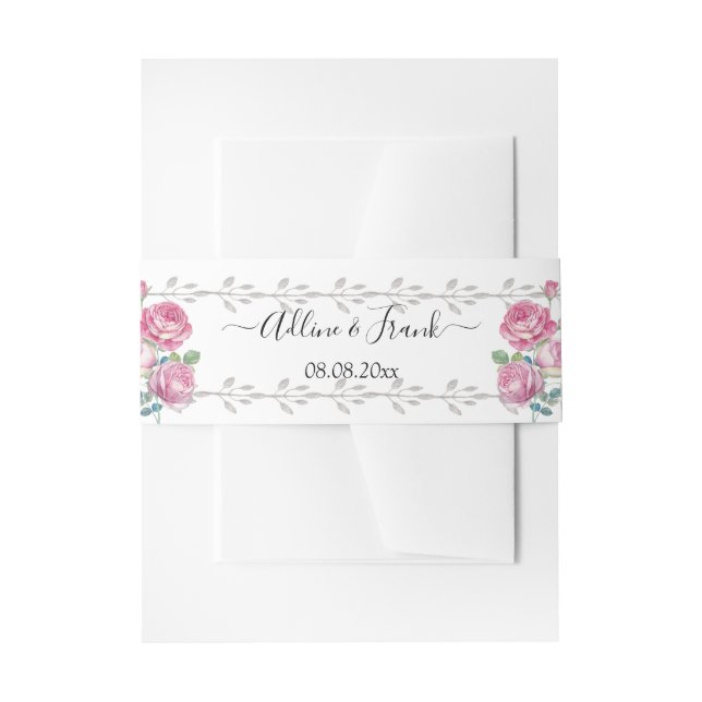 Watercolor Pink Rose Wedding Invitation Belly Band (Front Example)
