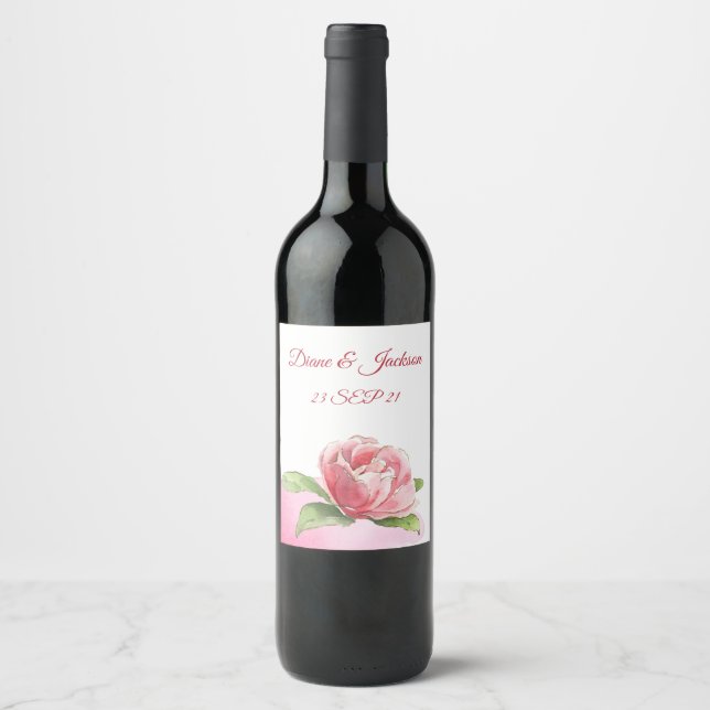 Watercolor Pink Rose Wine Label (Front)