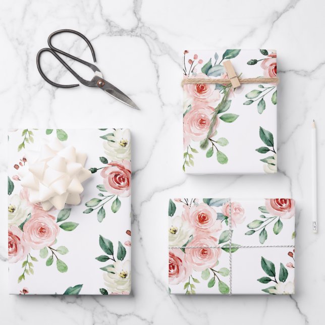 Watercolor Pink Rose Wrapping Paper Sheets (Front)