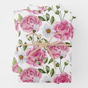 Watercolor Pink Roses and Daisy Flowers  Wrapping Paper Sheet