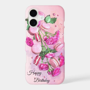 Watercolor Pink Roses and French Macarons Birthday