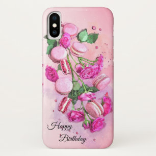 Watercolor Pink Roses and French Macarons Birthday iPhone X Case