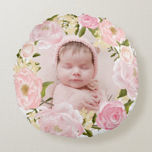 Watercolor Pink Roses and Peonies Wreath Nursery Round Cushion (Front)
