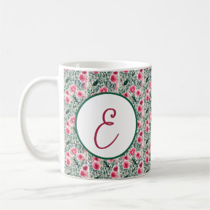 Watercolor pink roses and white stripes monogram coffee mug