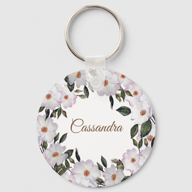 Watercolor Pink Roses Ballerina Floral Design Key Ring (Front)