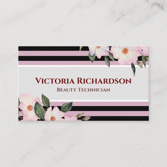Watercolor Pink Roses Ballerina  Floral Stripes Business Card (Front)