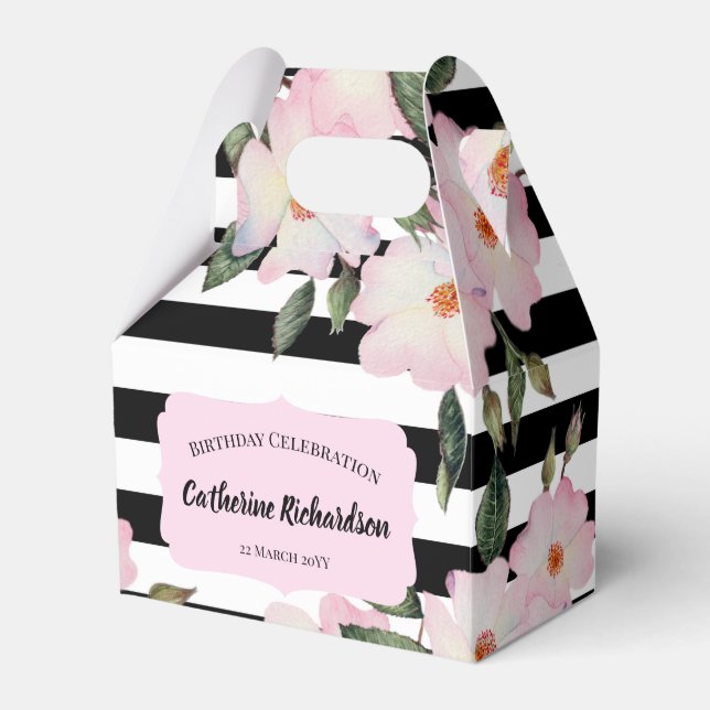 Watercolor Pink Roses Ballerina Floral Stripes Favour Box (Front Side)