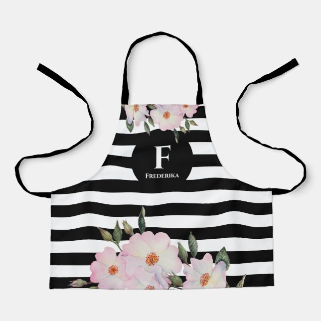 Watercolor Pink Roses Ballerina Monogram Stripes S Apron (Front)